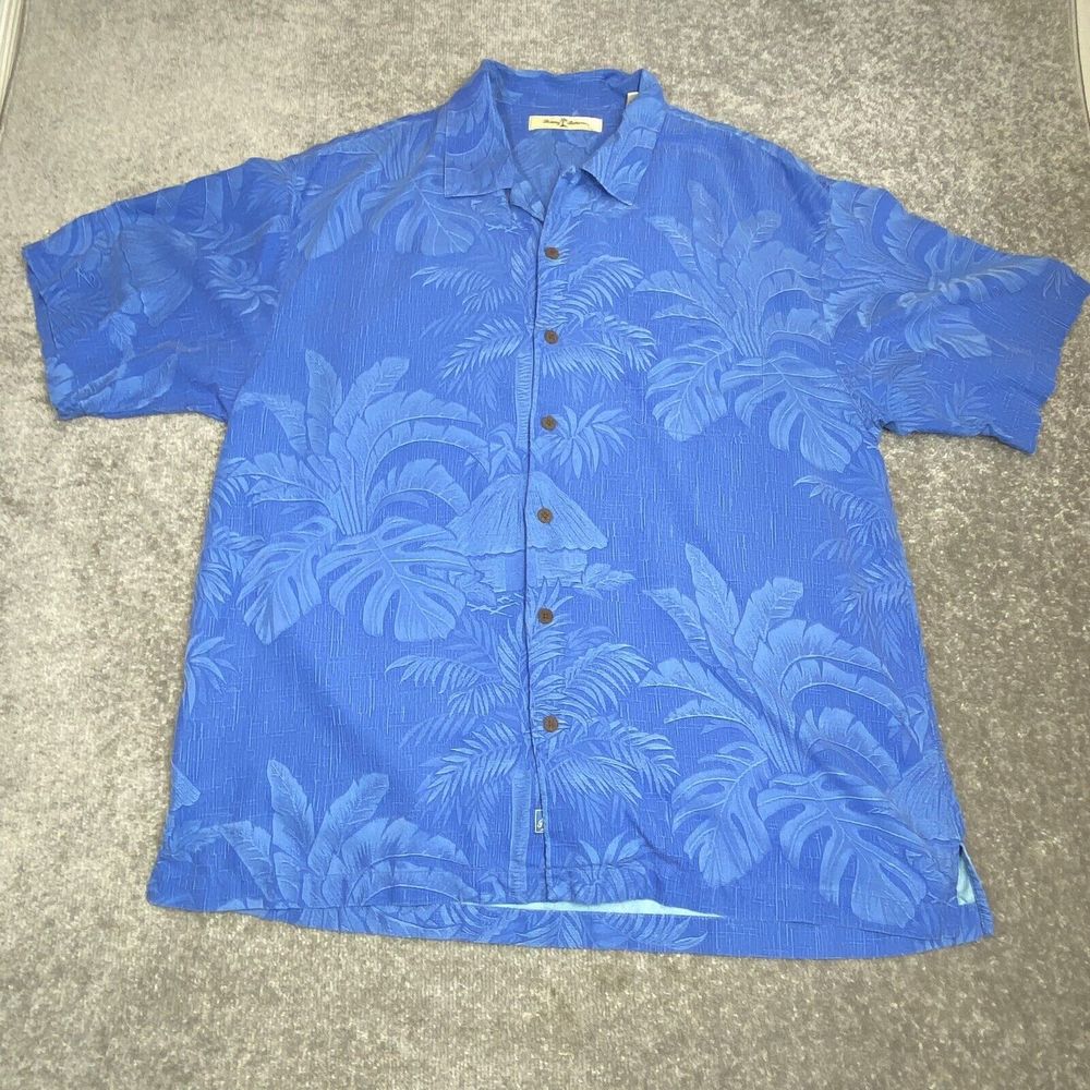 Tommy Bahama Silk Hawaiian Shirt Mens Extra Large Blue Island Palm Print Tiki